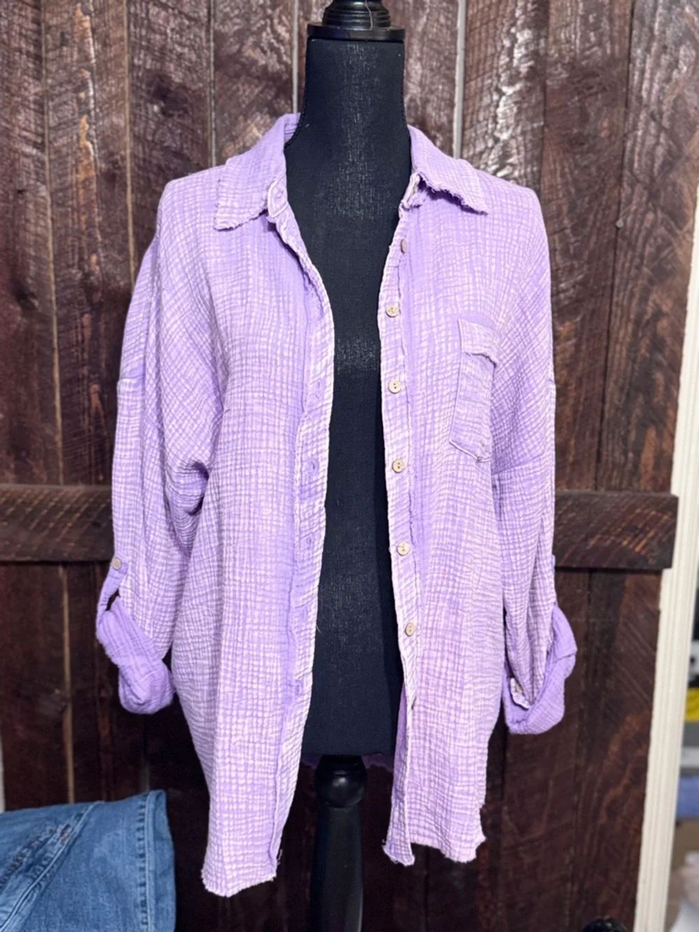 Lavender Cotton Embroidered Lightweight Button-Up Shirt - Picture 3 of 3